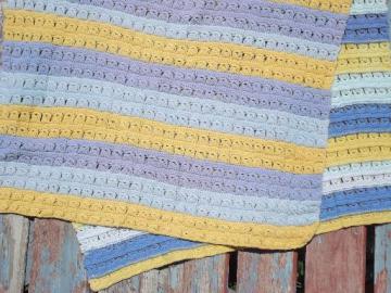 catalog photo of retro vintage crocheted stripes throw rug, lavender blue and soft yellow