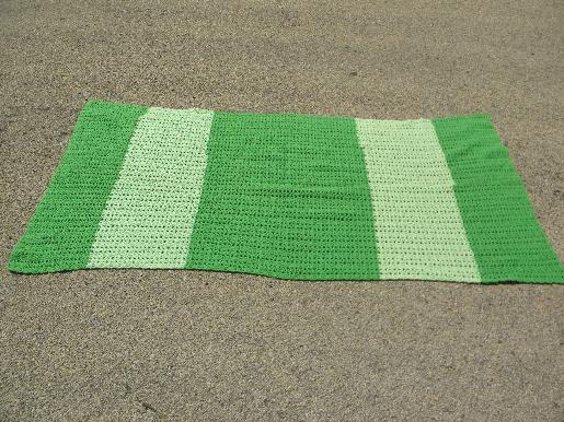 photo of retro vintage crocheted throw rug, wide band striped in shades of green #1