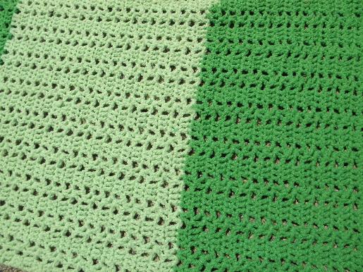 photo of retro vintage crocheted throw rug, wide band striped in shades of green #3