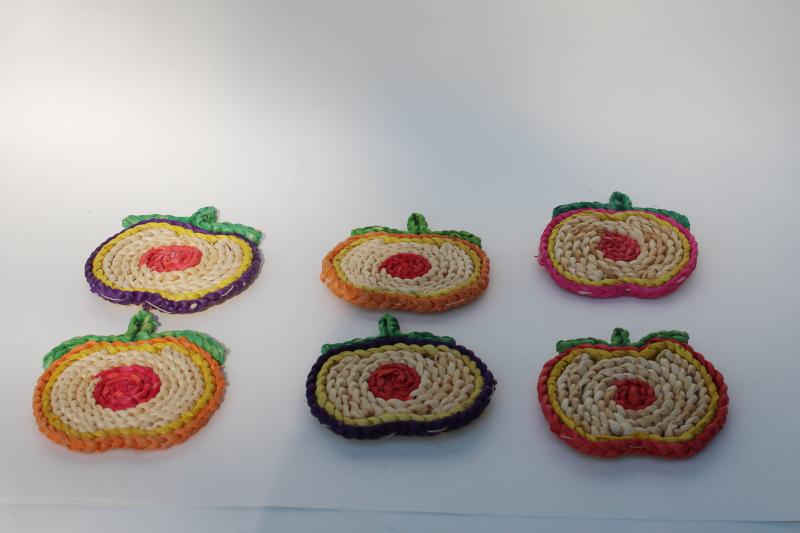 photo of retro vintage drinks coasters set, colorful apples handmade raffia or seagrass #1