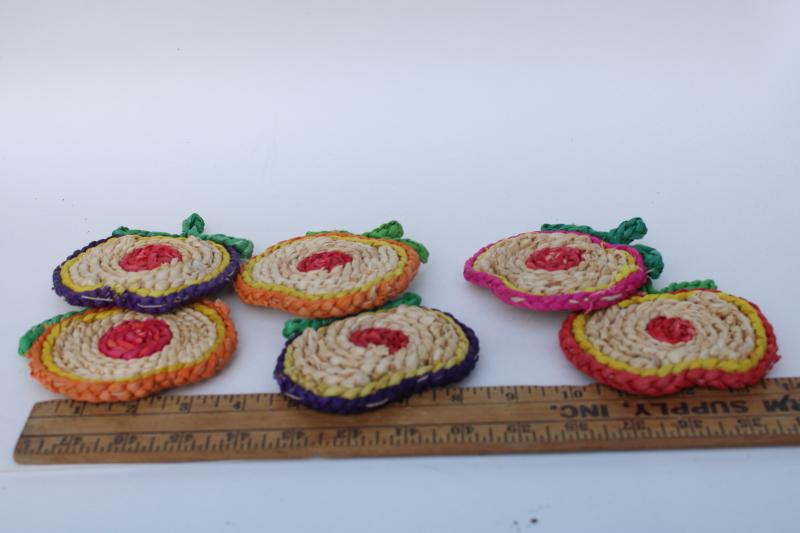 photo of retro vintage drinks coasters set, colorful apples handmade raffia or seagrass #3