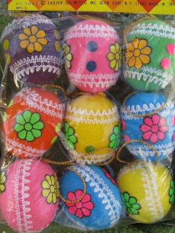 photo of retro vintage flocked Easter egg ornaments, eggs for branch, feather tree #2