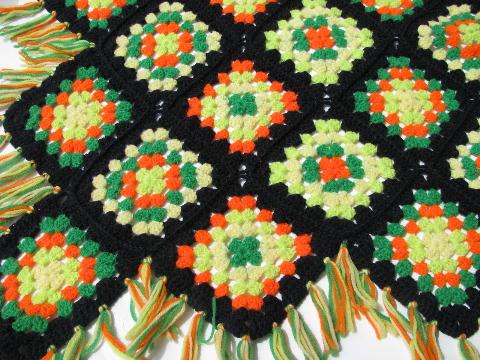 photo of retro vintage granny square crochet afghan, black w/ neon colors #2