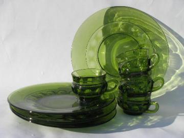 catalog photo of retro vintage green glass snack sets, kings crown pattern round plates & cups