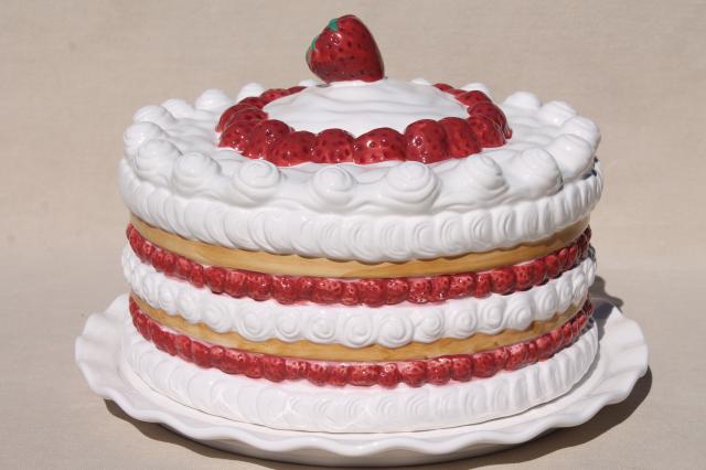 photo of retro vintage handmade ceramic cake cover, strawberry shortcake plate w/ dome #1