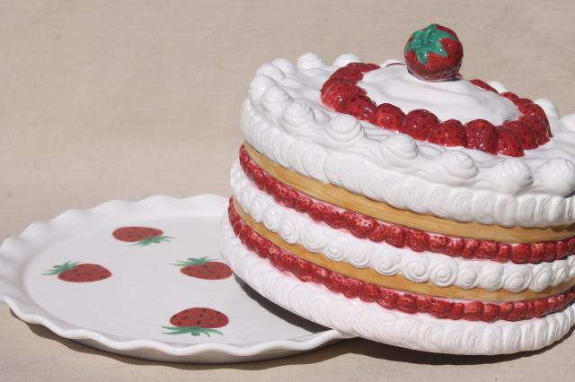 photo of retro vintage handmade ceramic cake cover, strawberry shortcake plate w/ dome #3