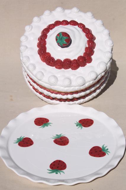 photo of retro vintage handmade ceramic cake cover, strawberry shortcake plate w/ dome #4