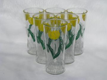 catalog photo of retro vintage kitchen jelly glasses, tumblers set w/ yellow tulips