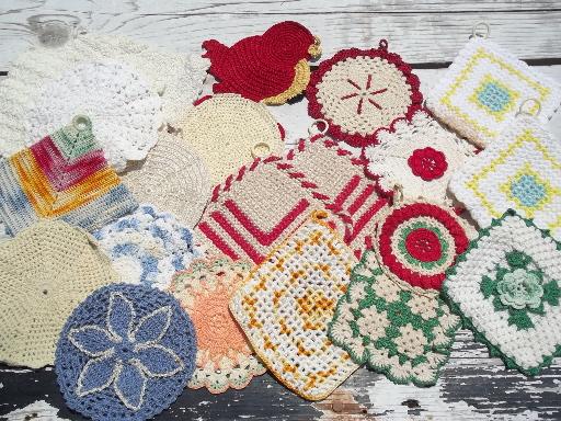 photo of retro vintage kitchen lot, thread crochet potholders, hot mats, trivets #1