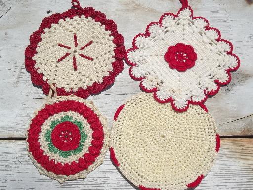 photo of retro vintage kitchen lot, thread crochet potholders, hot mats, trivets #4