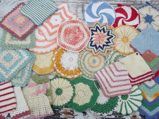 photo of retro vintage kitchen lot, thread crochet potholders, hot mats, trivets #1