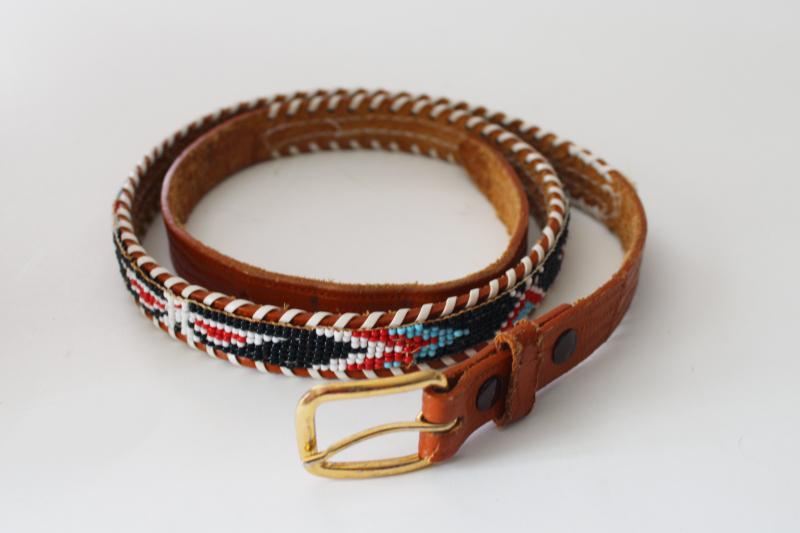 photo of retro vintage leather belt seed beaded Indian thunderbird, 30 to 35 waist  #1