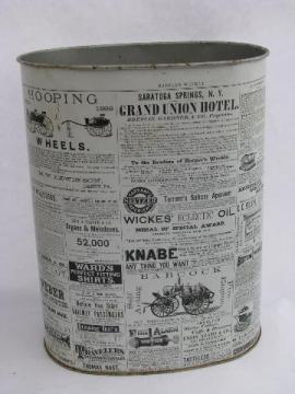 catalog photo of retro vintage metal wastebasket, antique newspaper ad illustrations print