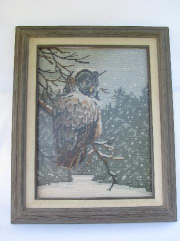 photo of retro vintage owls needlepoint picture in grey weathered rustic wood frame #1