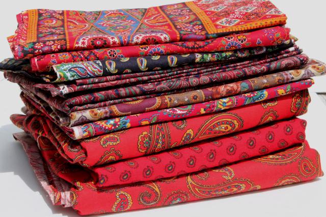 photo of retro vintage paisley print fabric lot, bohemian gypsy red & jewel colors #1