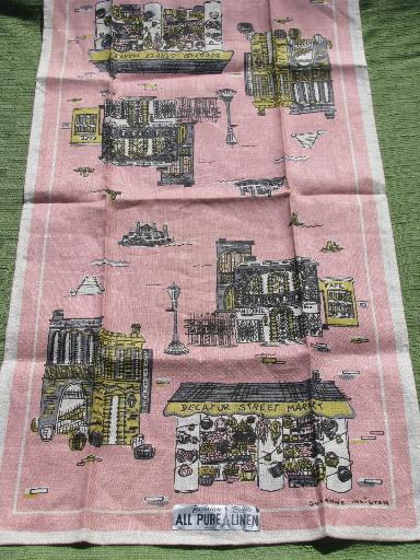 photo of retro vintage pink kitchen linen towel, Meister signed New Orleans print #1