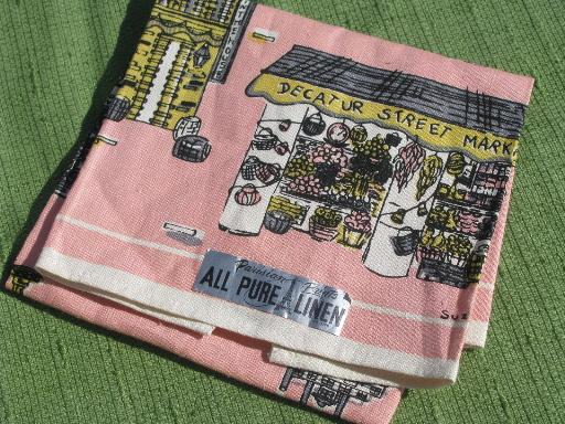 photo of retro vintage pink kitchen linen towel, Meister signed New Orleans print #2