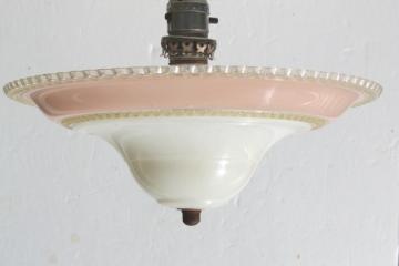 catalog photo of retro vintage pink & white plastic clip on lamp shade for single bulb ceiling light fixture