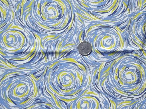 photo of retro vintage silky rayon fabric, starry night swirls blue and yellow #1