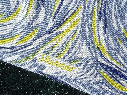 photo of retro vintage silky rayon fabric, starry night swirls blue and yellow #2