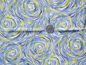 catalog photo of retro vintage silky rayon fabric, starry night swirls blue and yellow