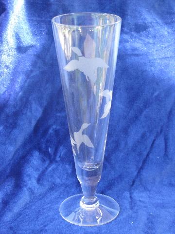 photo of retro vintage tall pilsner beer glasses, etched or grey cut flying ducks #2