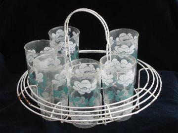 catalog photo of retro vintage wire carrier rack for swanky swigs tumblers, wirework w/ plastic glasses