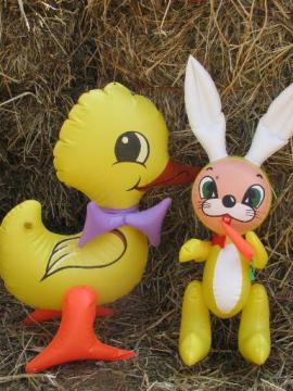 catalog photo of retro vintage yellow duck and bunny rabbit, inflatable Easter decorations