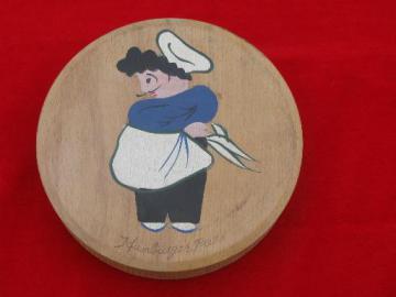 catalog photo of retro wood hamburger patty press, hand-painted chef in hat and apron