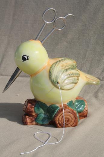 photo of retro yellow bird ceramic string holder to hold twine & scissors beak #1