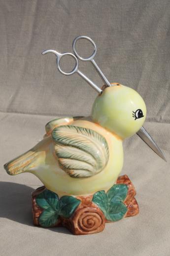 photo of retro yellow bird ceramic string holder to hold twine & scissors beak #3