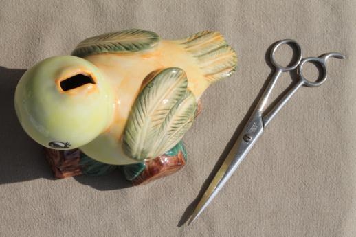 photo of retro yellow bird ceramic string holder to hold twine & scissors beak #6