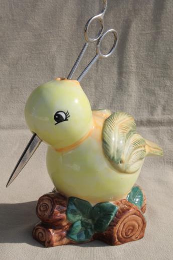 photo of retro yellow bird ceramic string holder to hold twine & scissors beak #7