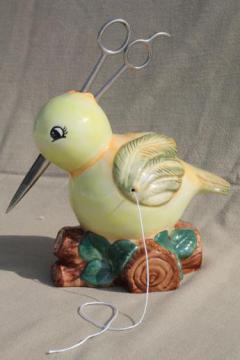 catalog photo of retro yellow bird ceramic string holder to hold twine & scissors beak