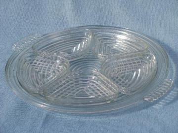 catalog photo of ring pattern Manhattan glass divided dishes & handled serving tray