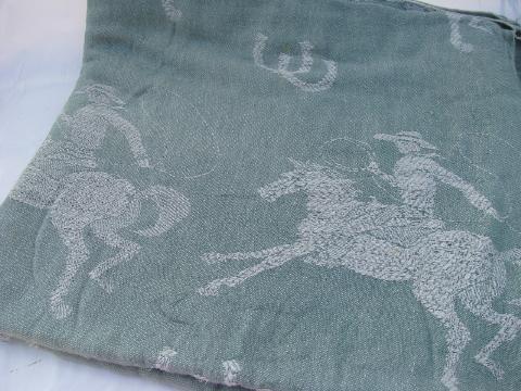 photo of rodeo cowboy vintage 1950s woven cotton bedspread, jadite green #1