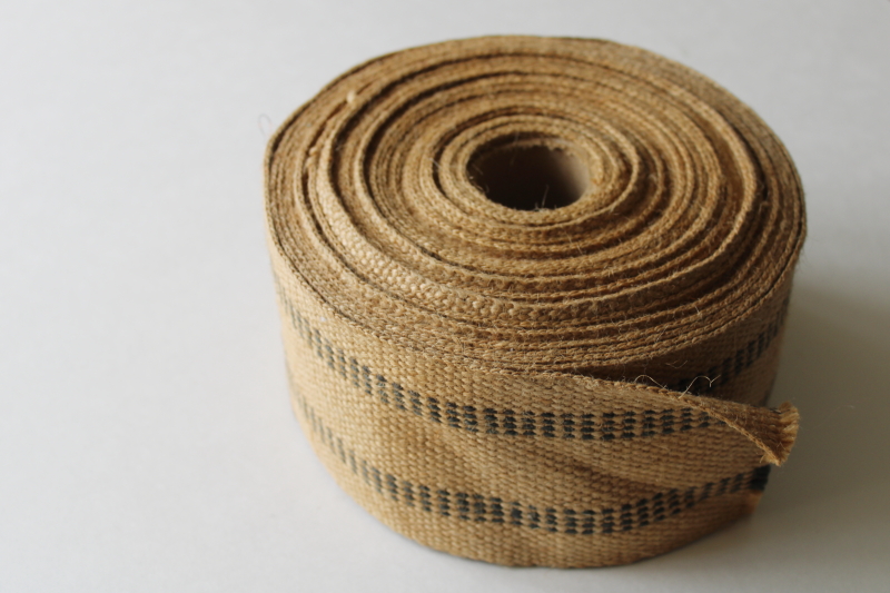 photo of roll of jute webbing, burlap texture natural brown w/ black striping #1