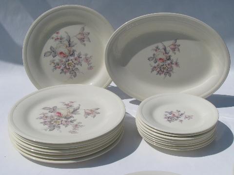 photo of romantic pink & grey roses floral, vintage china plates & platter #1