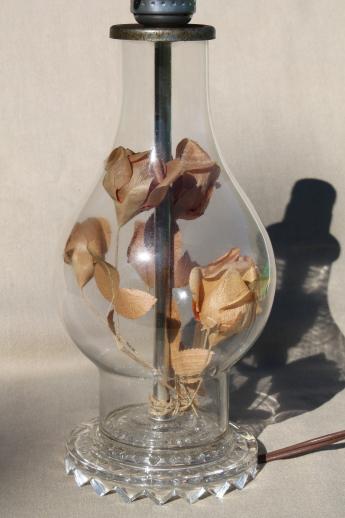 photo of romantic vintage glass boudoir lamp, faded paper roses under glass hurricane bell jar #3