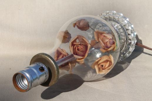 photo of romantic vintage glass boudoir lamp, faded paper roses under glass hurricane bell jar #4