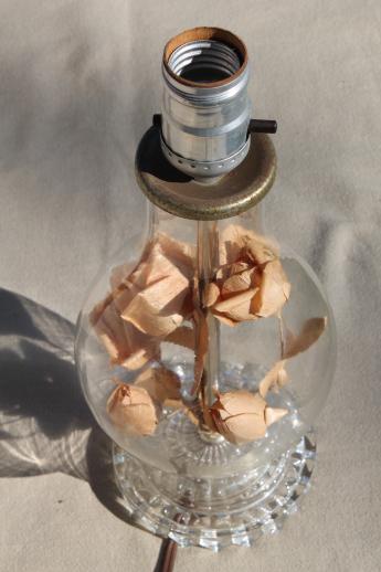 photo of romantic vintage glass boudoir lamp, faded paper roses under glass hurricane bell jar #5