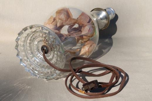 photo of romantic vintage glass boudoir lamp, faded paper roses under glass hurricane bell jar #6