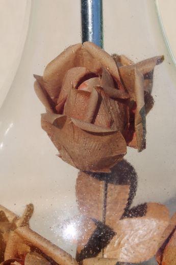 photo of romantic vintage glass boudoir lamp, faded paper roses under glass hurricane bell jar #8