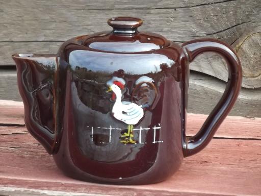 photo of rooster crowing vintage handpainted Japan redware teapot for morning tea #1