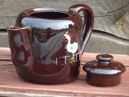 photo of rooster crowing vintage handpainted Japan redware teapot for morning tea #2