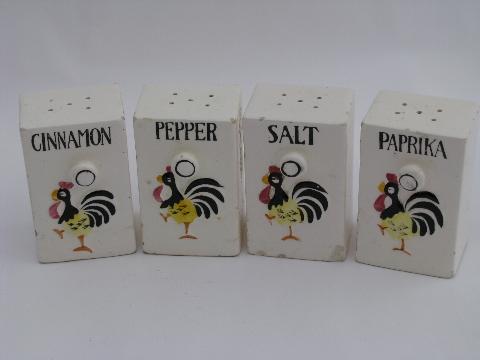 photo of roosters ceramic kitchen spice set shakers, vintage Japan #1