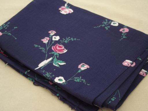 photo of rose floral print vintage linen weave cotton  fabric, navy blue & pink  #2