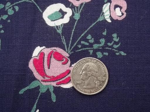 photo of rose floral print vintage linen weave cotton  fabric, navy blue & pink  #3