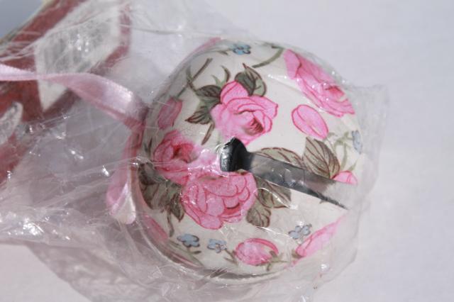 photo of rose flowered chintz print metal wedding bells & jingle bells, vintage craft supplies #6