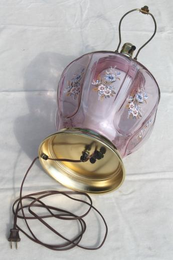 photo of rose glow pink glass bedside table lamp w/ lighted base, 80s vintage  #4